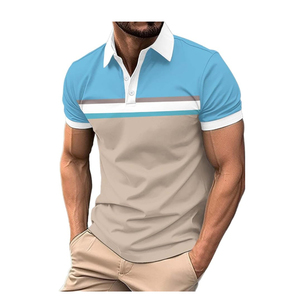 Polo pour homme à blocs de couleur, manches courtes, rayé, décontracté, tricoté, coupe classique, bleu clair, beige, bordure blanche - Product Image 1
