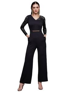 Combinaison élégante noire à manches longues en dentelle pour femme, col en V, taille haute, longueur complète, tenue de soirée cocktail - Product Image 1