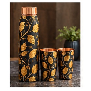 Juego de Botellas de Agua Decorativas de Cobre con Diseño Floral Azul, Vajilla Portátil para el Hogar - Product Image 3