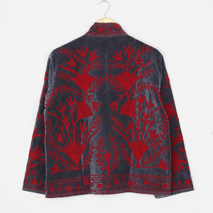 Women Velvet Embroidered <b>Jacket</b> Mandarin Collar Lantern Sleeve Floral Boho Style Autumn Coat Handmade Suzani <b>Pattern</b> - Product Image 2