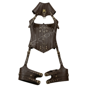 <b>Underbust</b> Steelboned Brown Leather <b>Corset</b> With Neck And Thigh Harness| Customized Halloween <b>Corsets</b> Vendors - Product Image 1