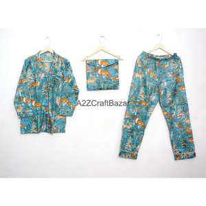 Pijamas Elegantes y Sencillos 100% Algodón Puro Estampado a Mano con Cintura Elástica Transpirable Conjunto de Pijama para Mujer Ropa de Dormir de Manga Larga - Product Image 1