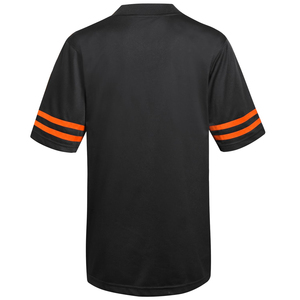 เสื้อเจอร์ซีย์อเมริกันฟุตบอลสีดำสำหรับผู้ชาย ผลิตจากโพลีเอสเตอร์ พิมพ์ลายด้วยความร้อน แขนสั้น คอวี ระบายเหงื่อได้ดี ปลายแขนสีส้ม สำหรับเล่นกีฬา - Product Image 2