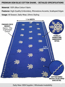 Écharpe ethnique en coton bleu pour femme, broderie florale et strass, chaude et respirante, toutes saisons, usage quotidien, fournisseur OEM - Product Image 6