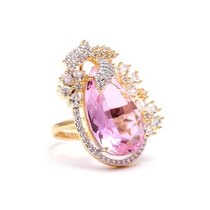 Bague en quartz rose plaqué or et argent avec CZ, bague florale à motif de paon, bijoux indiens traditionnels - Product Image 1