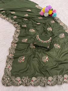 Embroidery Sequence Work Designer Party Wear Contrast Blouse <b>Women</b> Style Star Georgette <b>Saree</b> With Multi Thread Coding - Product Image 2
