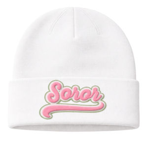 Bonnet blanc Soror pour femmes, style grec, rose et vert, pour sororité universitaire, tricoté pour l'hiver, élégant et décontracté - Product Image 3