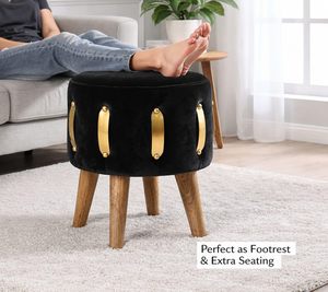Velvet Round Golden Multiple Strip <b>Ottoman</b> Office <b>Stool</b> Foot Rest <b>Stool</b> Linen Fabric Padded Seat Pouf <b>Ottoman</b> with Round Shape - Product Image 2