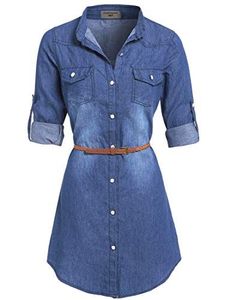 Robe chemise en jean pour femme, boutonnée, col rabattu, manches trois quarts, ceinturée, décontractée, pour tous les jours - Product Image 6
