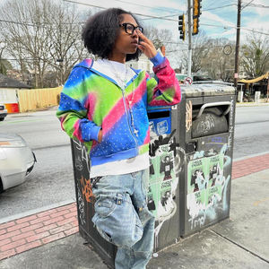 Sudadera con capucha personalizada con pedrería, 100% algodón, para hombre, con cremallera, teñida, estilo arcoíris, de peso pesado, con pedrería - Product Image 3