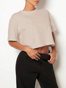 Casual Boxy Fit Short Sleeve Women's Shirts Beige Cropped Drop Shoulder Tee Round Neck Custom Tan Summer Blouse Plain <b>Tops</b> OEM - Product Image 5