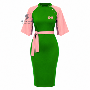 Alfa |   Kapa |   Vestido Midi Ajustado Alpha para Mujer, Verde y Rosa, con Bloques de Color en Contraste, Manga Capa, Detalle de Botones y Lazo en la Cintura - Product Image 1