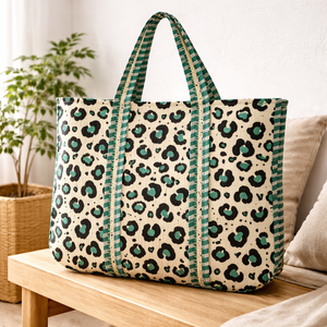 Sac fourre-tout en coton imprimé léopard vert, grande capacité, réutilisable, sac de courses écologique, sac à main pour femme, vente en gros - Product Image 1