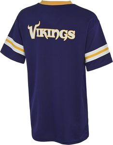 Camiseta Morada de los Minnesota Vikings con Cuello en V, Rayas Amarillas y Blancas y Logotipo Bordado - Product Image 3
