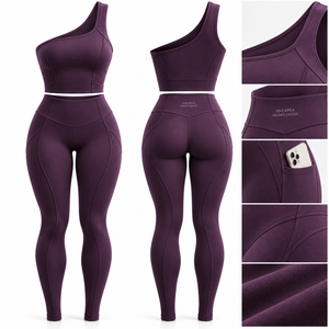 Womens Purple One Shoulder Yoga Set High Waist <b>Pocket</b> <b>Leggings</b> Gym Fitness Workout Activewear Two Piece Sportswear Set - Product Image 1