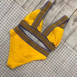 Women's <b>Yellow</b> <b>Bikini</b> Set Crossed Halter Top High Waist Bottom Contrast Binding Spandex Polyester Stretch Eco-Friendly Quick Dry - Product Image 3