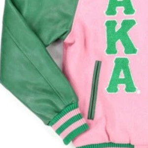Blouson universitaire personnalisé rose et vert à manches longues, boutonné sur le devant, style bomber, pour tenue d'équipe, avec col et poignets côtelés, vêtement de sport décontracté, vêtement d'extérieur - Product Image 6