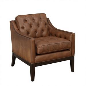 Sillón Clásico de Cuero Genuino con Respaldo Acolchado con Botones, Patas de Madera Maciza, Silla de Lujo para Sala de Estar u Hotel - Product Image 2