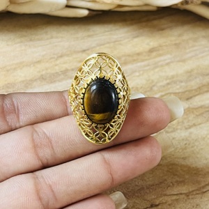 Latest Design Tiger Eye Cabochon <b>Ring</b> 18k Gold Plated Flower Filigree Setting Boho <b>Statement</b> Vintage Wholesale <b>Ring</b> For Women - Product Image 4