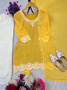 Indian Boutique Designer Yellow Georgette <b>Embroidered</b> Top and Plazzo With Dupatta set For Women Traditional Indian Daily Wear - Product Image 3
