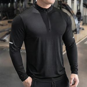 T-shirts de sport à manches longues pour hommes, personnalisés OEM, séchage rapide, avec fermeture éclair 1/4, pour la gym, le golf et le jogging - Product Image 2