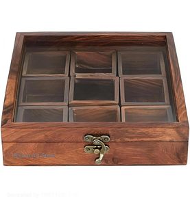 Boîte à épices en bois Bharat Art Store avec 9 compartiments, design traditionnel sculpté, pour le rangement en cuisine - Product Image 5