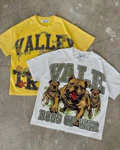 Camiseta de Manga Larga para Hombre VALLE, Talla Grande, Estilo Urbano, Cuello Redondo, Estampado Gráfico, Jersey de Algodón, Diseño de Perro, Blanco Amarillo, Lavado Ácido - Product Image 1
