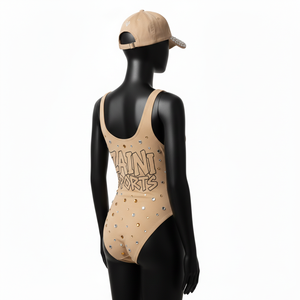 Traje de baño de una pieza para mujer, de nailon y spandex, color beige, ajustado, con logotipo de diamantes de imitación termotransferibles, personalizado para traje de baño. - Product Image 5