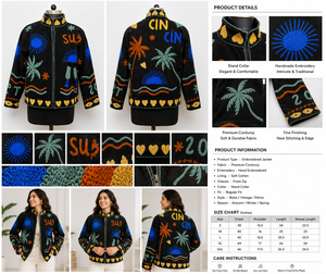 เสื้อแจ็คเก็ตบอมเบอร์ผ้าลูกฟูกสีดำสุดเท่ งานฝีมือระดับมืออาชีพ ปักลายสำหรับผู้หญิง สไตล์โบฮีเมียน หรูหรา เหมาะสำหรับงานปาร์ตี้ เสื้อโค้ทวินเทจ - Product Image 4