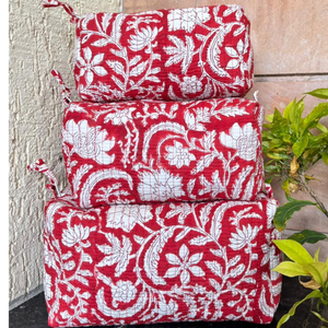Luxury Indian Artisanal Sustainable Cotton Cosmetic Bag Set Jaipur Hand Block Printed Quilted Travel Organizer floral design - Product Image 3