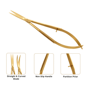 Ciseaux à sourcils professionnels en acier inoxydable avec revêtement or plasma, logo et emballage personnalisés pour outils de maquillage par Bahasa Pro - Product Image 2