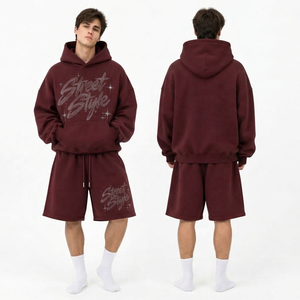 Conjunto de Sudadera con Capucha y Pantalones Cortos para Hombre, Estilo Urbano, Estampado de Diamantes de Imitación, Sudadera de Algodón, Pantalones Cortos, Chándal, Ropa de Invierno, Conjunto de Sudadera con Capucha - Product Image 2