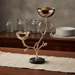 <b>Bird</b> Branch Decorative Metal Serving Bowl <b>Stand</b> Silver Gold Finish Fruit Dry Fruit Snack Bowl for Home Decor - Product Image 4