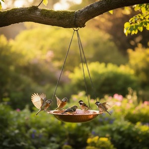Mangeoire à oiseaux suspendue en cuivre avec texture martelée, chaîne de suspension en cuivre, design moderne éclairé pour jardin extérieur et cour arrière - Product Image 3