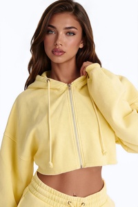 Conjunto de Sudadera Corta para Mujer, Color Sólido, Forro Polar, Cierre de Cremallera, Cordón Ajustable, Estilo Casual Otoñal, Hombros Caídos, Manga Larga - Product Image 3