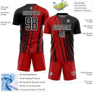 Ensemble de maillots de football personnalisés sublimés pour hommes, rouge et noir rayé, col rond, manches courtes, polyester respirant, uniforme de football - Product Image 4