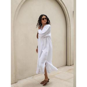 Vestido largo de lino y algodón blanco para mujer, sin mangas, con botones, cuello en V, elegante vestido largo de verano - Product Image 2