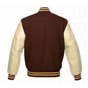 Custom Brown Wool Varsity <b>Jacket</b> with Beige <b>Leather</b> Sleeves Yellow Striped Letterman Baseball Bomber <b>Jacket</b> for <b>Men</b> Wholesale - Product Image 2