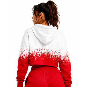 Hoodie court pour femme, dégradé blanc et rouge, manches longues, coupe oversize, épaules tombantes, en molleton, pour l'automne, en coton tricoté, manches longues - Product Image 2