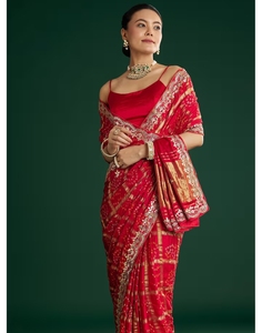 KV <b>Red</b> Bandhani With Mirror Work Designer <b>Saree</b> With Unstitched Blouse - Product Image 1