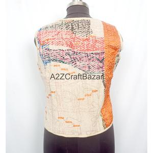100% Cotton Breathable Printed Logo <b>Kantha</b> Quilted V-neck Waistcoat Women Handmade Unique Spring Summer Autumn Winter Sleeveless - Product Image 4