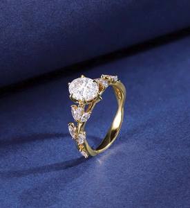 Bague florale en moissanite taille ovale, plaquée or, motif feuille, pour femme, en argent 925 original, pour un charme unique, cadeau idéal pour les mariées - Product Image 2