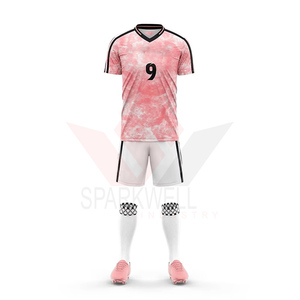 Ensemble d'uniformes de football personnalisés, maillot rose uni, short blanc, impression par transfert thermique, respirant, taille plus, séchage rapide à l'avant, unisexe - Product Image 5