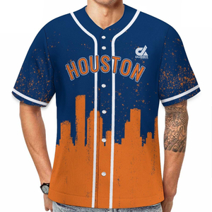 Jersey de Béisbol Personalizado 2025, Diseño Degradado Azul y Rojo con Silueta Urbana, Uniforme de Equipo con Botones, Nombre y Número Personalizados - Product Image 3