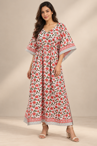 Vestido Maxi Rojo Floral Bohemio para Mujer, 100% Algodón Tejido, Cuello en V, Sin Mangas, Cintura Imperio, Holgado, Casual, Transpirable, Estilo Kaftán de Verano - Product Image 4