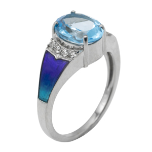 Anillo Ovalado de Plata de Ley 925 de Lujo, Chapado en Rodio, con Topacio Azul y Diseño Lateral de Esmalte Morado para Mujer - Product Image 2