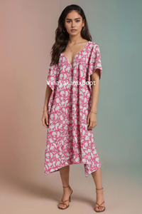 ชุดคลุมกิโมโนผ้าฝ้ายถักลายดอกไม้สีชมพูสำหรับผู้หญิง สวมใส่สบาย ระบายอากาศได้ดี เหมาะสำหรับฤดูร้อน คอวี ทรงปกติ ยาวแบบแม็กซี่ - Product Image 6