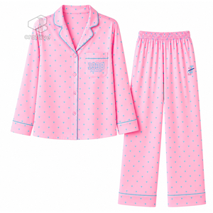 Jack And Jill Of America Women's Pink Heart Print Pajama Set Button Front Long Sleeve Notched Collar Contrast Piping <b>PJs</b> - Product Image 1