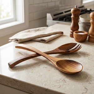 Utensilios de Cocina Ecológicos y Duraderos de Madera de Suar de Grado Alimenticio, Color Marrón Claro Natural, Cucharas para Ensalada Hechas a Mano, Nuevas - Product Image 3