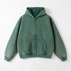 Sudadera con capucha verde lavado de gran tamaño con cremallera completa, forro polar vintage lavado, hombros caídos, bolsillo canguro, OEM / Marca Privada - Product Image 1